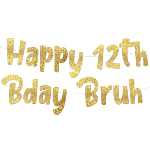 Pre-Strung Gold Glitter Happy 12th Birthday Banner - Party Decoration