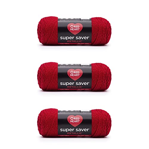 Red Heart Super Saver Metallic Yarn, Red, 3-Pack for Crocheting