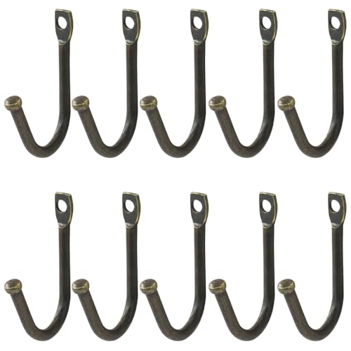Bronze Wrought Iron Single Prong Hooks - Set of 10 with Screws, Rustic Home Decor