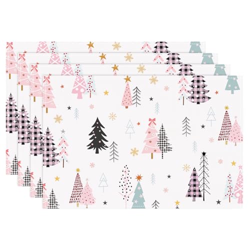 Pink Christmas Tree Placemats Set of 4 - 12x18 Inches Holiday Table Decor