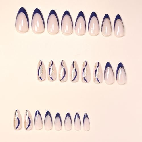 Navy Blue French Tip Press on Nails Medium Almond Fake Nails with Gold Glitter