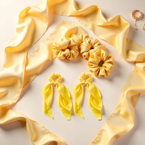 Yellow Satin Ribbon Bow Hair Scrunchies 2-Pack Ponytail Holder Scarf