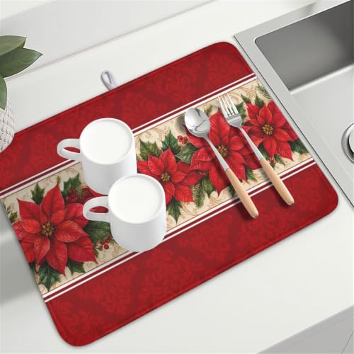Christmas Red Flower Dish Drying Mat 18x24 Inch for Kitchen Counter - Foldable & Quick Dry