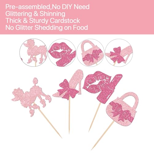 Glitter Pink Princess Cupcake Toppers - 30 PCS Party Decorations