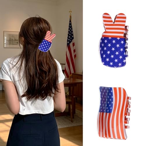 American Flag Hair Claw Clips - 2Pcs Patriotic Red White Blue Hair Accessories