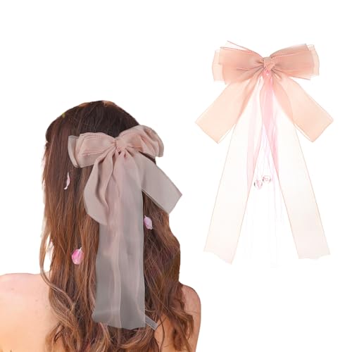 Firopia Pink Silk Hair Bow with Long Ribbons and Beads