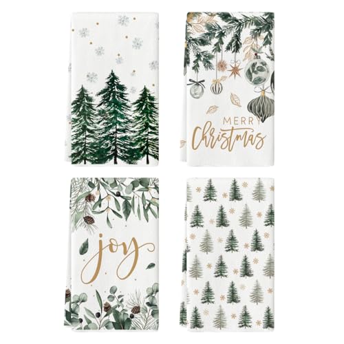 Christmas Kitchen Towels Set of 4 18x26 Inch Green Holiday Dish Towels