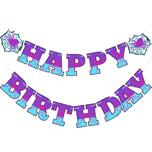Spider Theme Birthday Banner - Pre-strung Purple Blue Decor
