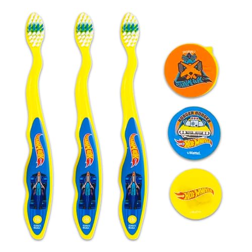 Hot Wheels Kids Toothbrush Kit - 3 Racecar Toothbrushes with Caps & Stickers