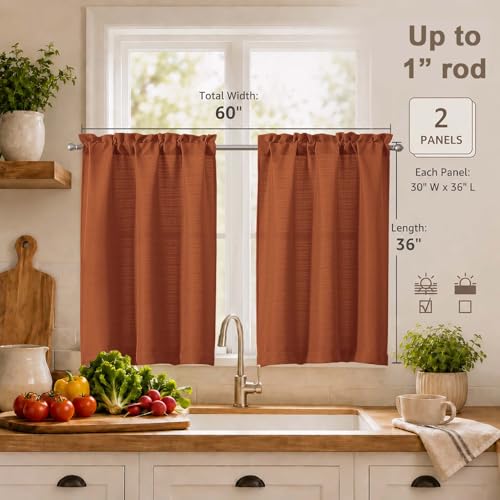 Orange Faux Linen Kitchen Curtains - 36 Inch Short Tier Pair