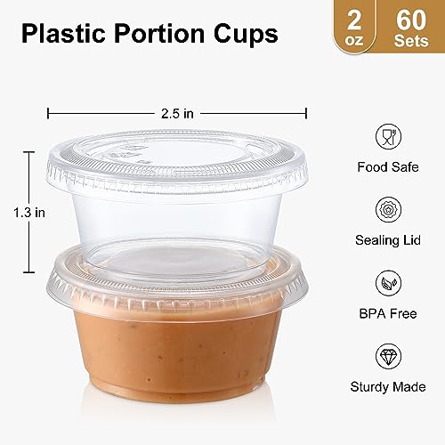 AOZITA 60 Sets 2 oz Plastic Portion Cups with Lids - Airtight & Stackable