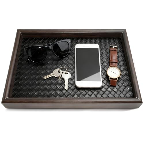 Wooden Valet Tray Desk Organizer with Leather Base - Multi-Purpose Storage for Jewelry, Wallets, Keys & More