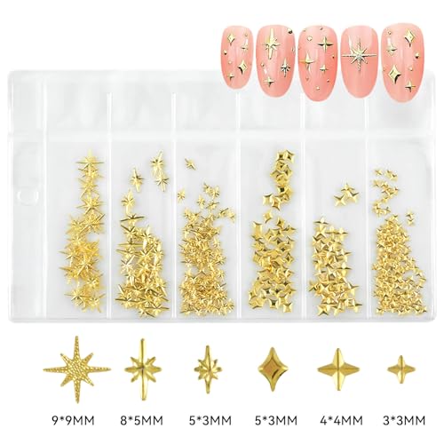ABEJFIC 400Pcs 3D Gold and Silver Star Nail Charms Metallic Studs