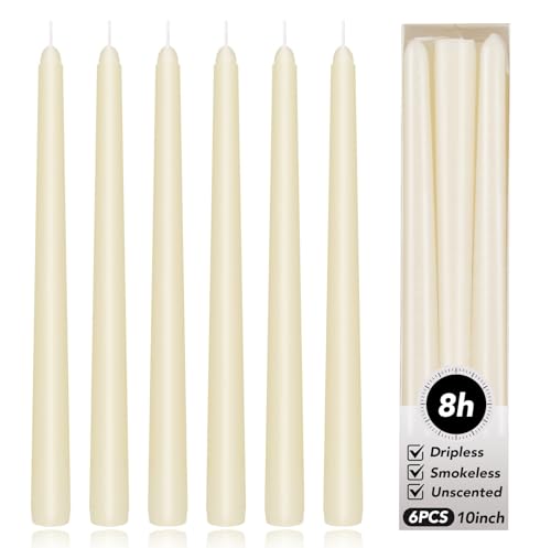 Ivory Taper Candles Set of 6 - 10 Inch Long Burn, Dripless & Unscented