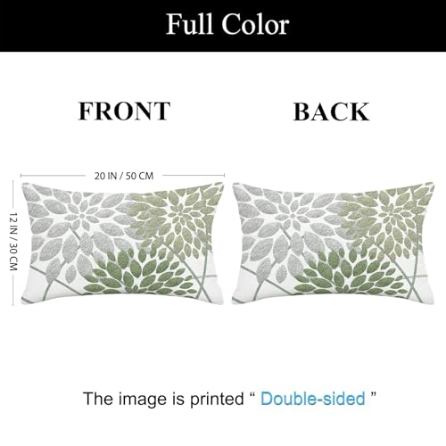 Sage Green Dahlia Boho Lumbar Pillow Cover 12x20 - Double-Sided Floral Design