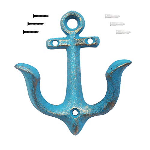 KiaoTime Blue Nautical Anchor Wall Hook - Rustic Cast Iron Coat Rack