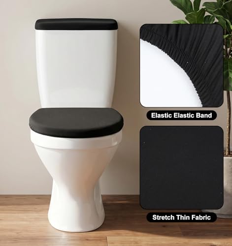 Black Velvet Toilet Seat & Tank Cover Set - Elastic Fit, Washable Bathroom Decor