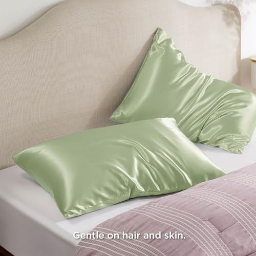 Bedsure Satin Pillowcase Set, Queen 20x30, Sage Green with Zipper