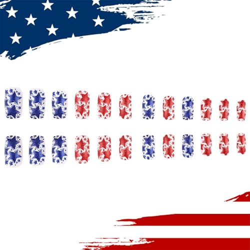 4th of July Press on Nails Medium Square Red Blue Stars Glitter Acrylic False Nails