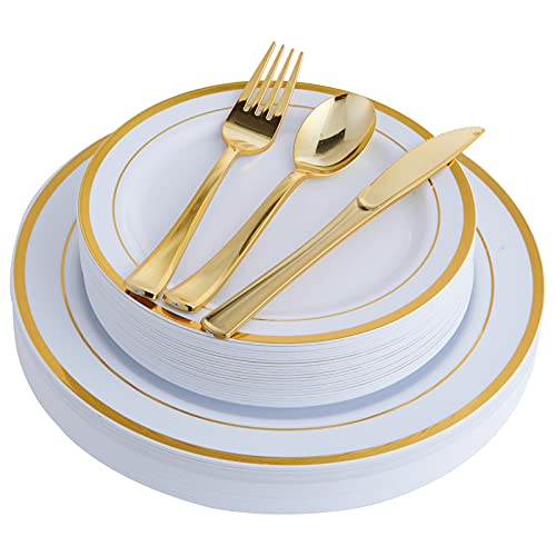 White Disposable Plastic Plates Set for 25 Guests - 125 Pieces