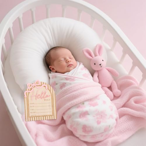 Hello World Newborn Announcement Sign with Pink Bow - Wooden Baby Keepsake