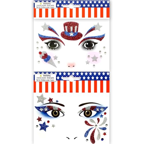 Patriotic Glitter Face Gems & USA Flag Temporary Tattoos (2 Pack)
