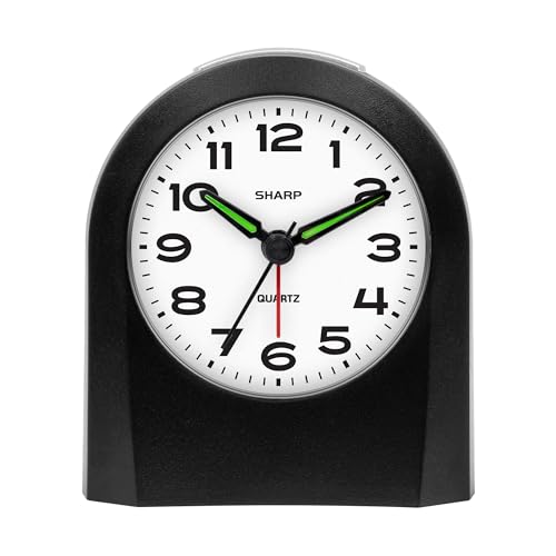 Sharp Small Battery-Powered Analog Alarm Clock with Silent Sweep, Snooze & Light - Compact Nightstand Bedside Travel
