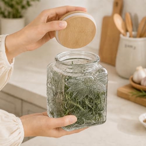 Storageasy Vintage Sunflower Glass Storage Jar - 25.3 FL OZ Square Container