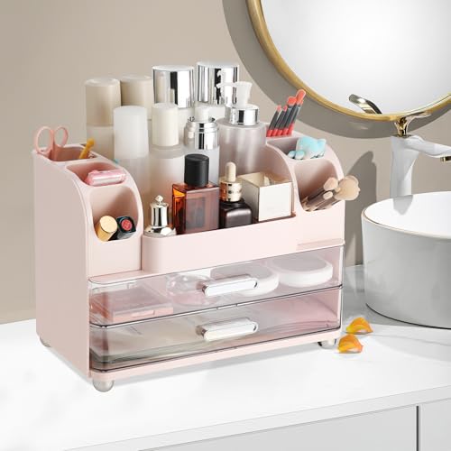Large Makeup Organizer with Drawers for Vanity - Pink Storage Unit