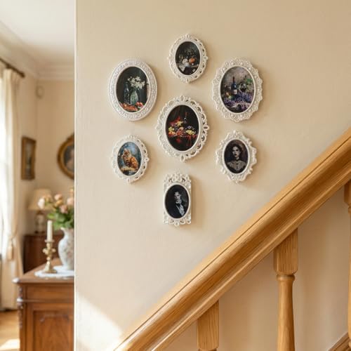 Yolev 7Pcs Mini Vintage Picture Frames Small White Oval Antique Photo Set