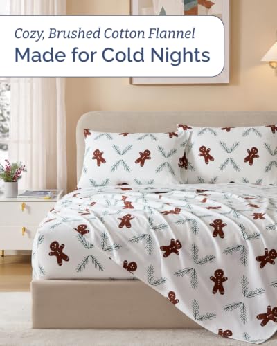 Christmas Flannel Bed Sheet Set Queen Size Gingerbread Pattern - Extra Soft Cotton