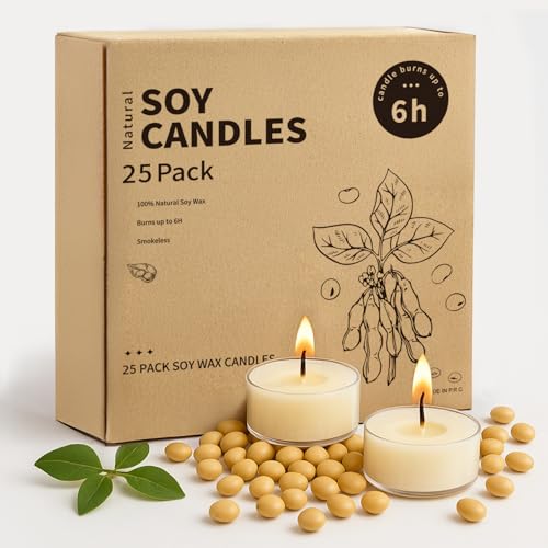 Crenovo Unscented Soy Tea Lights Candles - 6 Hour, 25 Pack