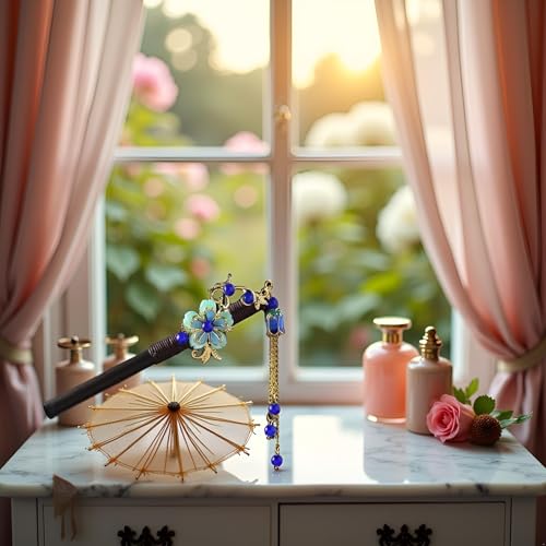 Blue Vintage Wooden Hair Stick with Tassel Flower Hairpin for Women
