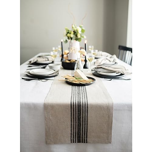 Solino Home 100% Linen Table Runner Black & Natural 14 x 144 Inches - Farmhouse Decor