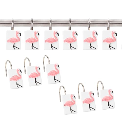12 Pcs Pink Flamingo Shower Curtain Hooks - Waterproof Bathroom Decor