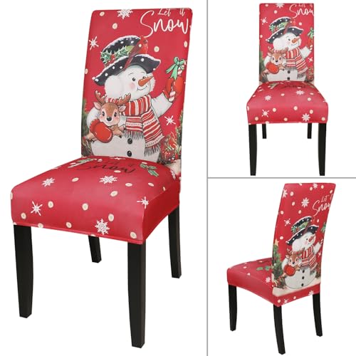 Christmas Chair Covers Set of 4 - Stretchable Snowflake Holiday Decor, Snowy Crimson