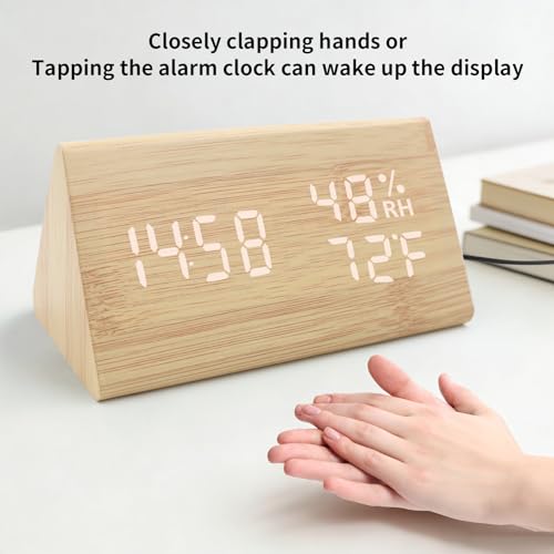 KESHIDE Bamboo Digital Alarm Clock, LED Electric Desk Clock with Dimmer