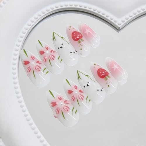 3D Flower Press on Nails Medium Almond Fake Nails with Pearls and Strawberry