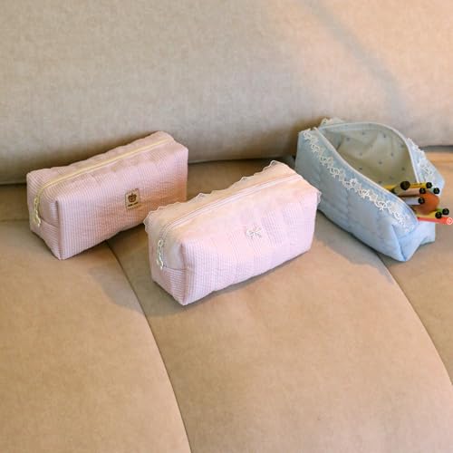Seersucker Pink Striped Makeup Bag Quilted Cosmetic Pouch 7x3x3