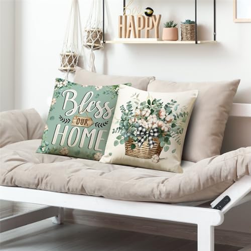 Farmhouse Eucalyptus Throw Pillow Covers 18x18, Set of 4, Teal & Green