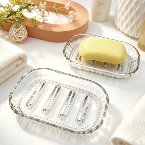 2 Pack Clear Soap Dish Holder - Draining Soap Tray for Kitchen & Bathroom