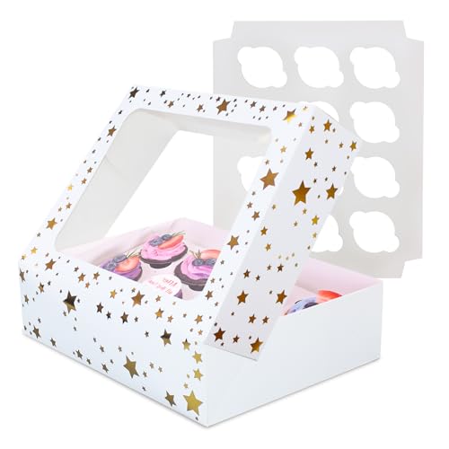 12-Count Christmas Cupcake Boxes with Window - 13x10x3.5 Inch Gold Star