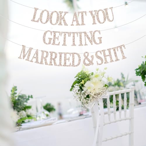 GREABRRY Champagne Glitter Wedding & Bachelorette Banner - 9ft Just Married Decor