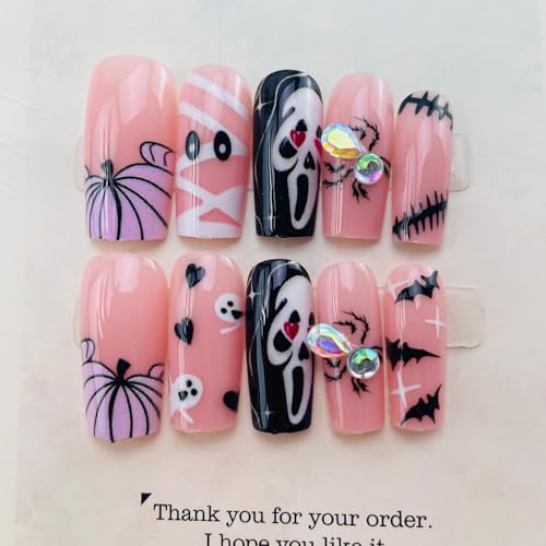 VGNRAR Halloween Long Square Pink Press On Nails with 3D Spider Rhinestones