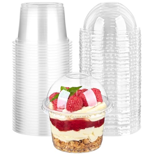25 Pack 8 oz Plastic Dessert Cups with Leak-Proof Dome Lids - Food-Grade, Reusable, Clear Party Cups