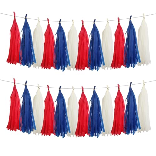 Red, Blue, and White Tissue Paper Tassel Garland - 15-Piece Patriotic Decor