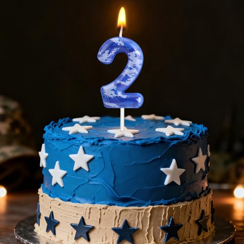 Camouflage Number 2 Birthday Candle - Blue Camo Army Cake Topper