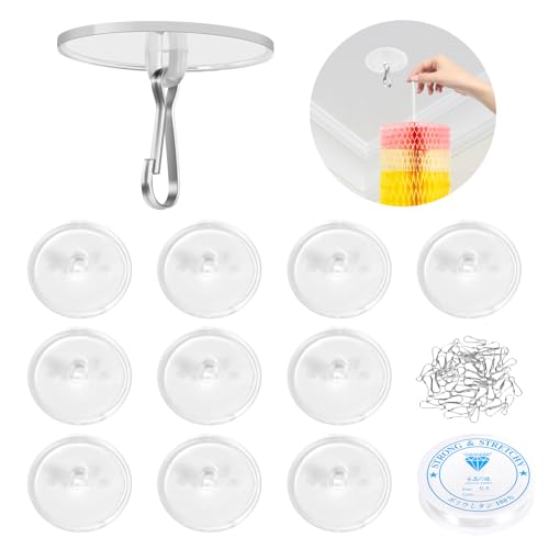 10-Pack Self-Adhesive Ceiling Hooks with 80ft Line for Easy Hanging