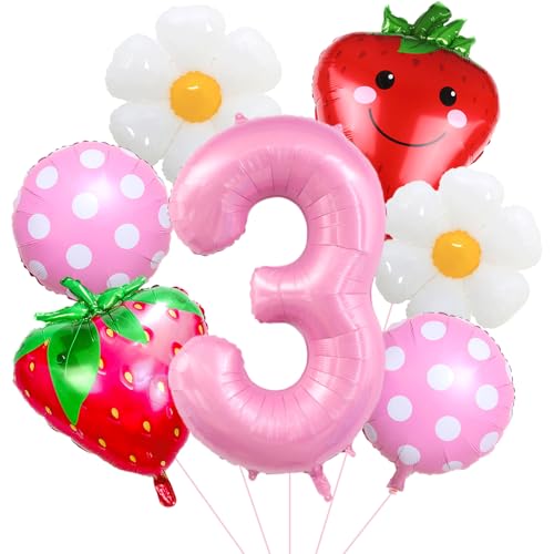 3rd Birthday Decorations for Girls - Strawberry & Daisy Balloons Set