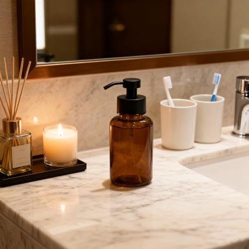 Amber Glass Foam Soap Dispenser with Black Pump - 15 oz